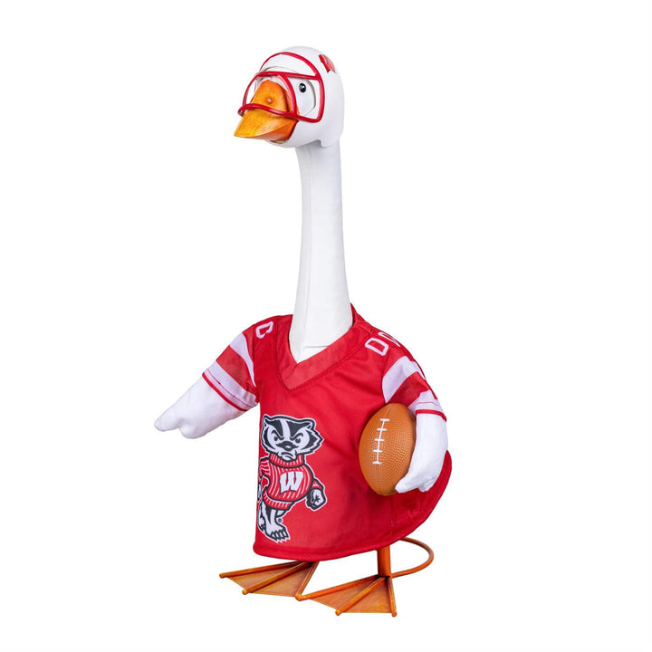 Back of red Wisconsin number 00 goose jersey and coordinating white decorative football helmet