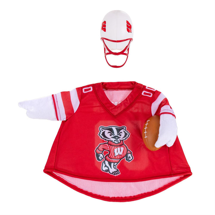 Wisconsin football outfit displayed on a 21-inch decorative goose; goose not included