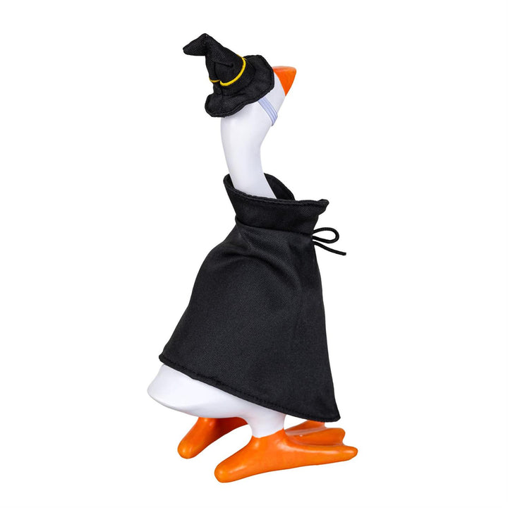 Witch outfit for an 8-inch table goose with black tie-front cape and hat with yellow buckle detail