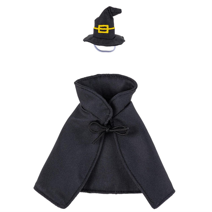 Back view of black witch cape and pointed hat for an 8-inch table goose