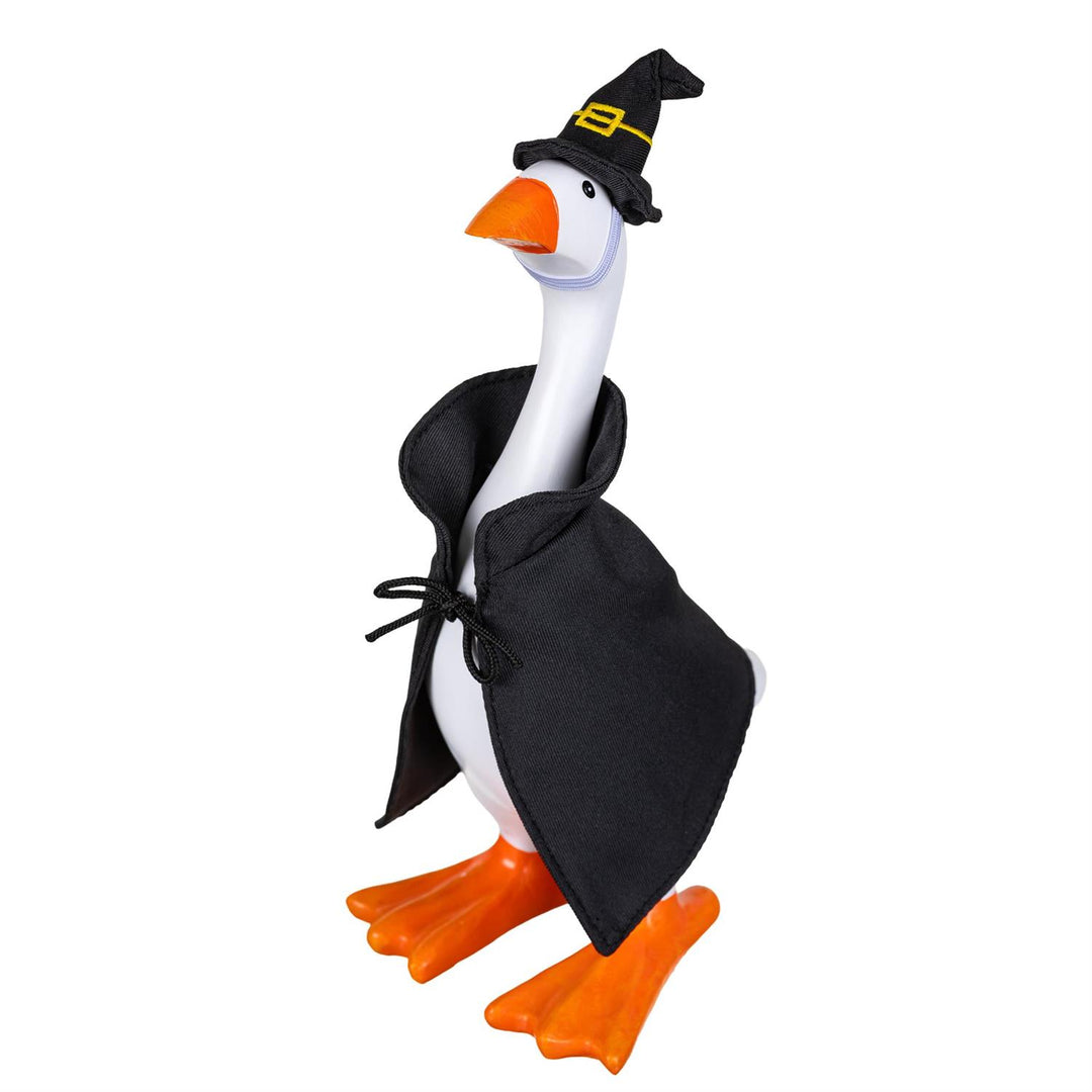 Black witch cape and pointed hat displayed on an 8-inch table goose, goose not included
