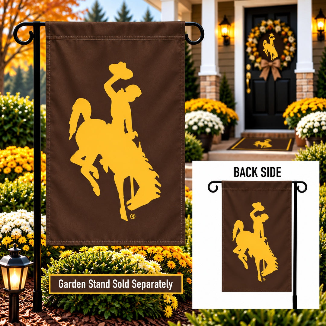 Wyoming Cowboys 2 sided applique garden flag on a garden stand, gold bucking horse and rider logo on brown, shown with the back side inset and garden stand sold separately note