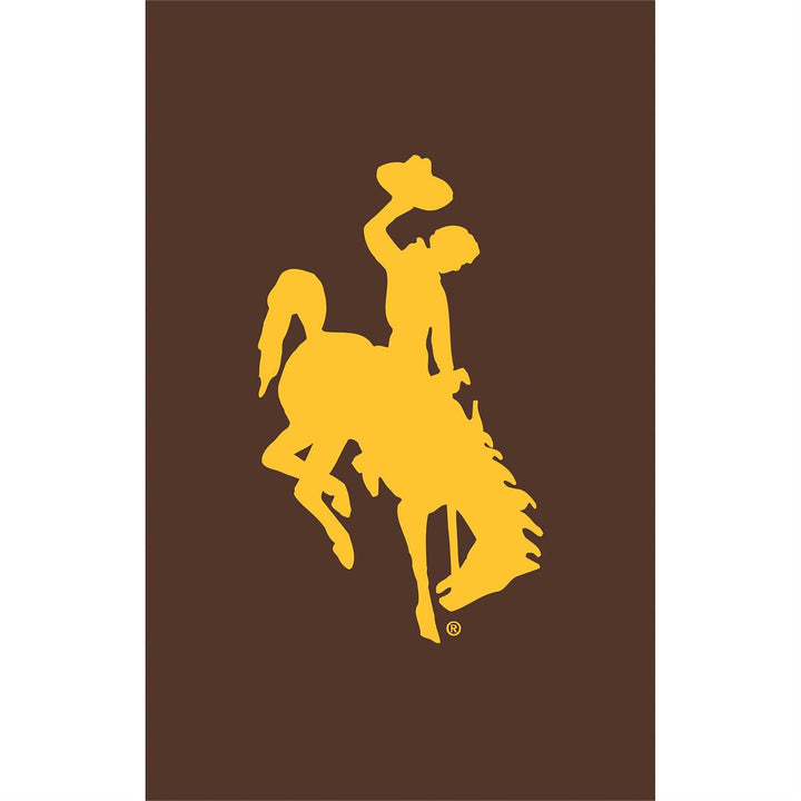 Wyoming Cowboys bucking horse and rider logo in gold on a brown applique nylon garden flag, 12.5 x 18 inches