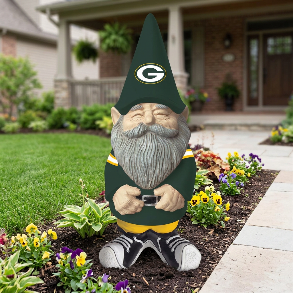 AI-generated lifestyle scene of a Green Bay Packers garden gnome in a front-yard flower bed beside a walkway