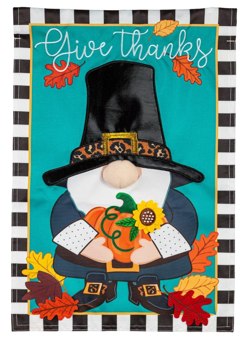 Pilgrim Gnome Thanksgiving Garden Flag 2 Sided Applique Give Thanks 169523 Heartland Flags