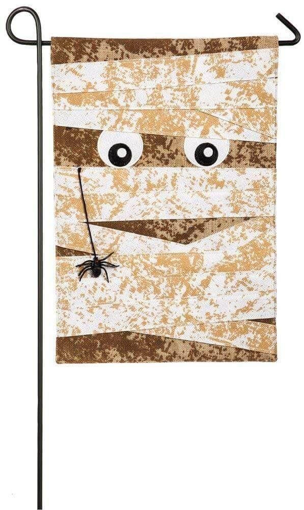 Burlap Mummy 2 Sided Halloween Garden Flag Dangling Spider heartlandflags