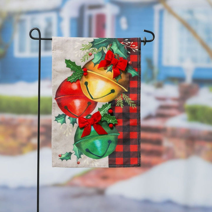 Christmas Bell Trio Garden Flag 2 Sided Burlap heartlandflags