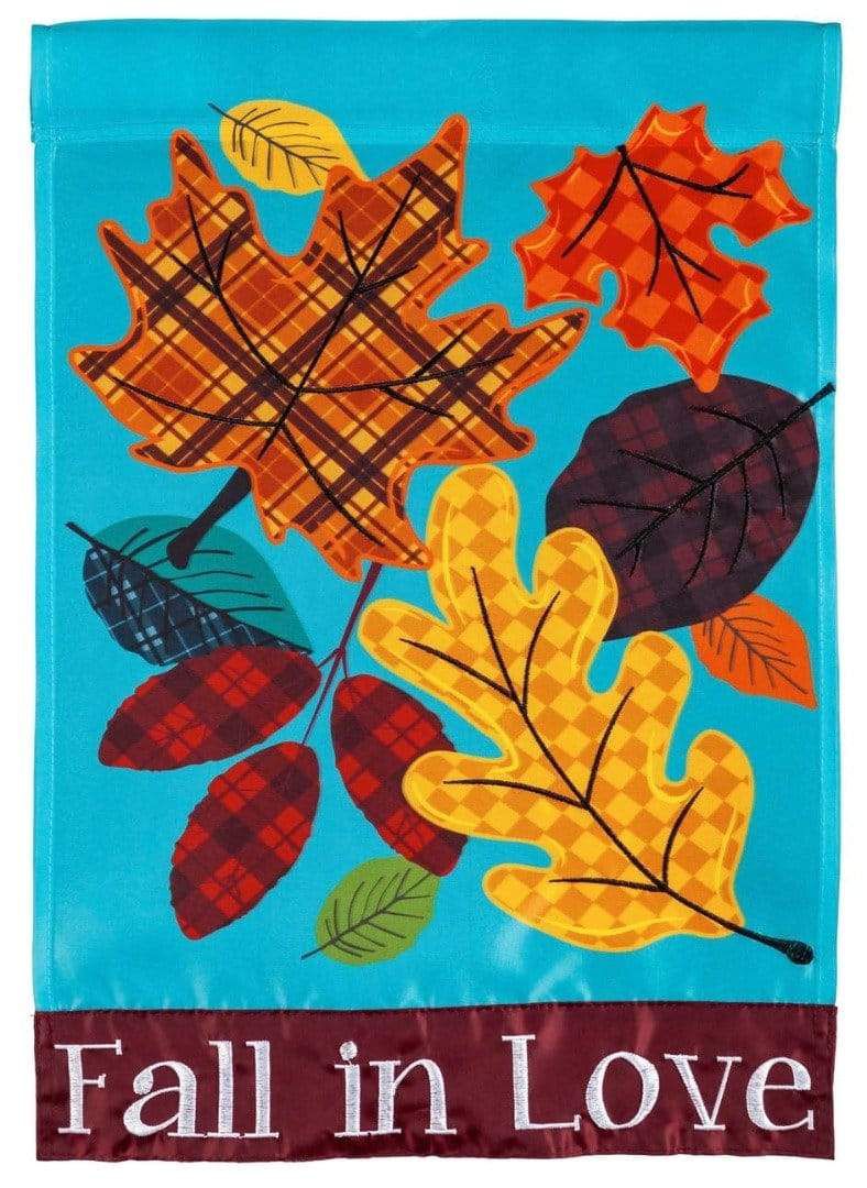 Fall In Love Plaid Leaves Garden Flag 2 Sided Applique Autumn heartlandflags