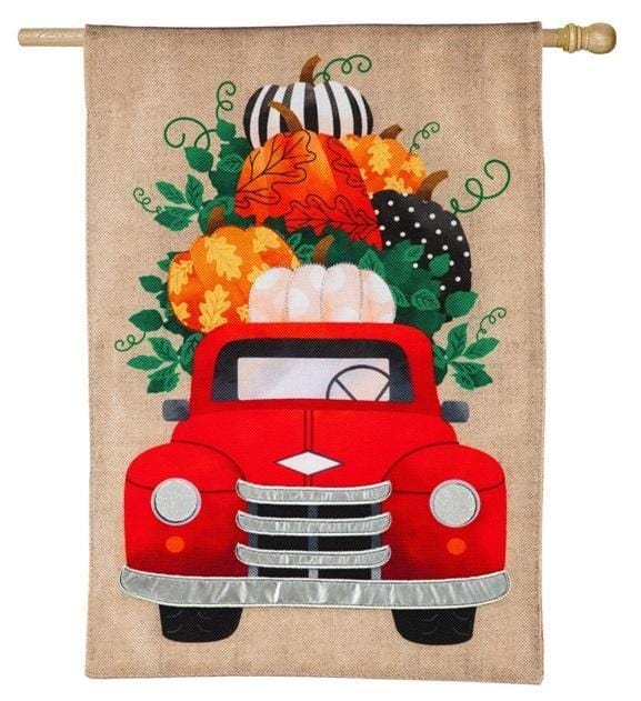 Fall Pumpkins Red Truck Flag 2 Sided Burlap Decorative Banner heartlandflags