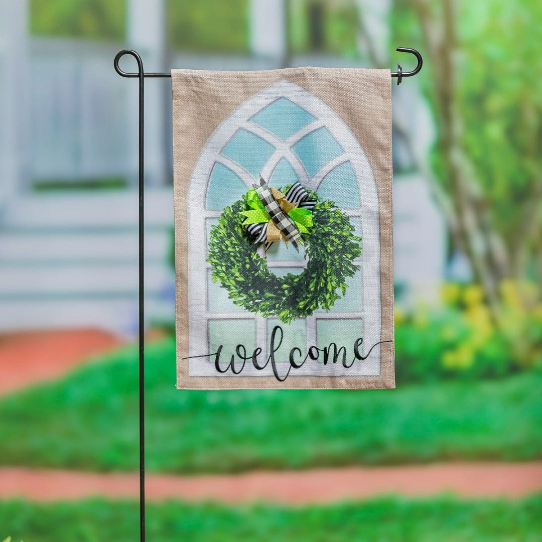 Farmhouse Window and Wreath Garden Flag 2 Sided Burlap Welcome heartlandflags