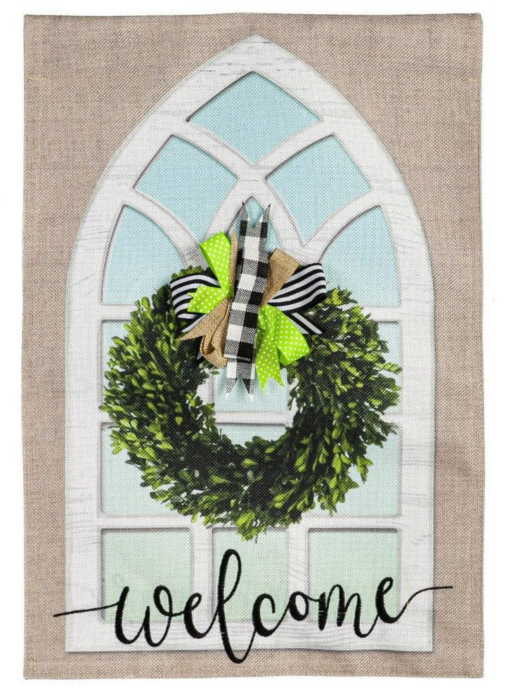 Farmhouse Window and Wreath Garden Flag 2 Sided Burlap Welcome heartlandflags