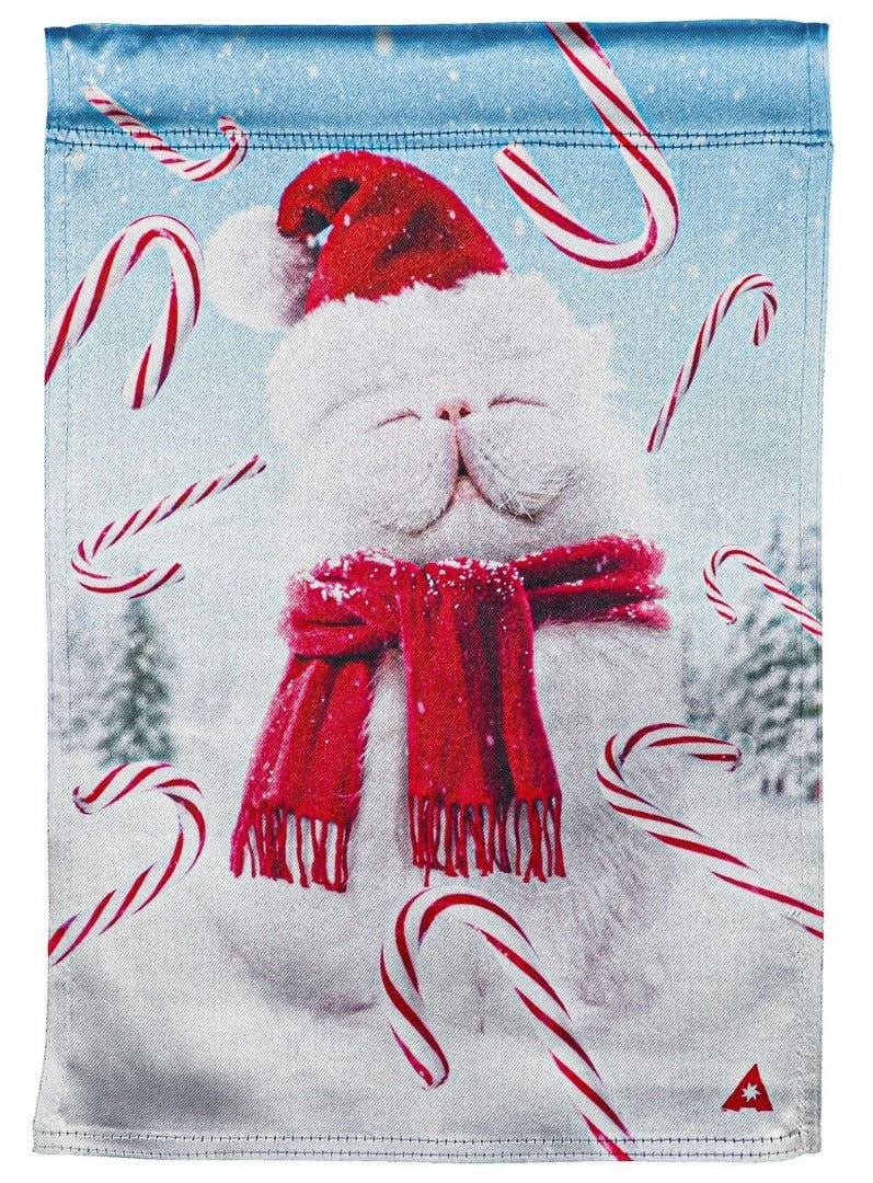 Fluffy Cat Snowman Christmas Garden Flag 2 Sided Lustre heartlandflags