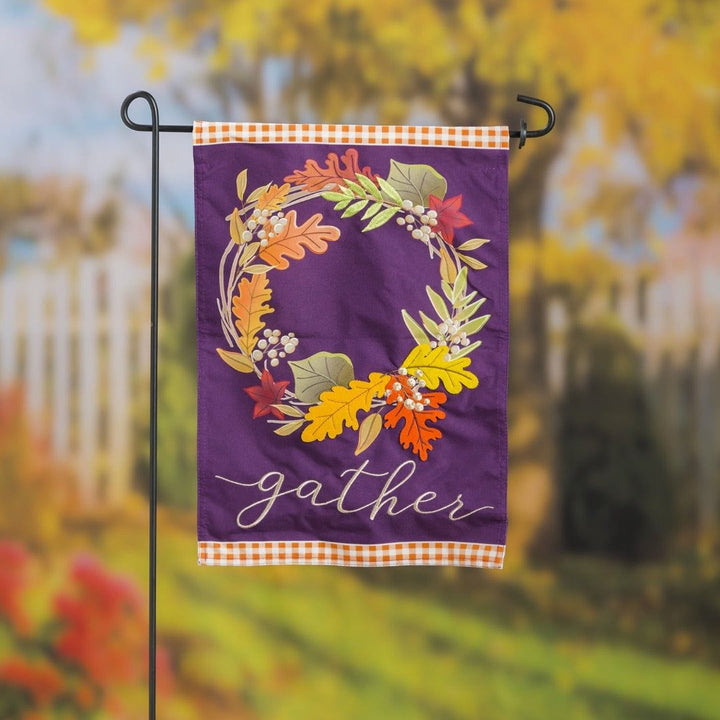 Gather Fall Leaves Wreath Garden Flag 2 Sided Decorative heartlandflags