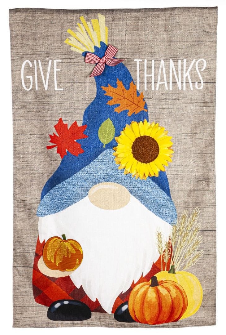 Give Thanks Fall Gnome Flag 2 Sided Burlap House Banner heartlandflags