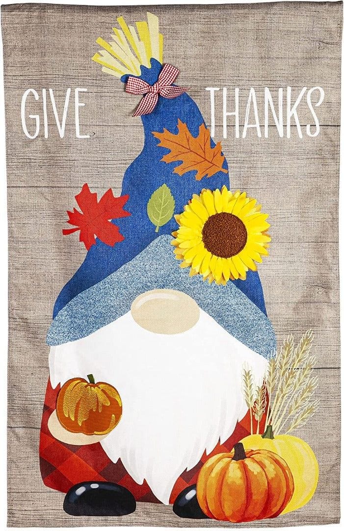 Give Thanks Fall Gnome Garden Flag 2 Sided Burlap Thanksgiving heartlandflags