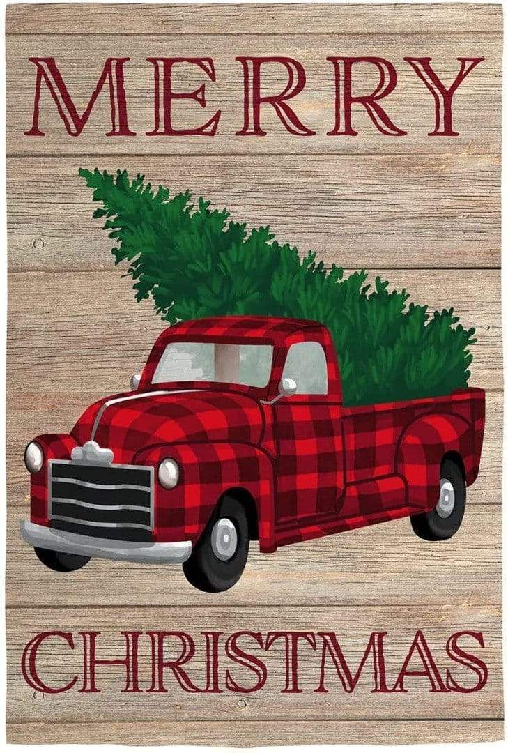 Holiday Plaid Truck Christmas Banner 2 Sided Flag heartlandflags