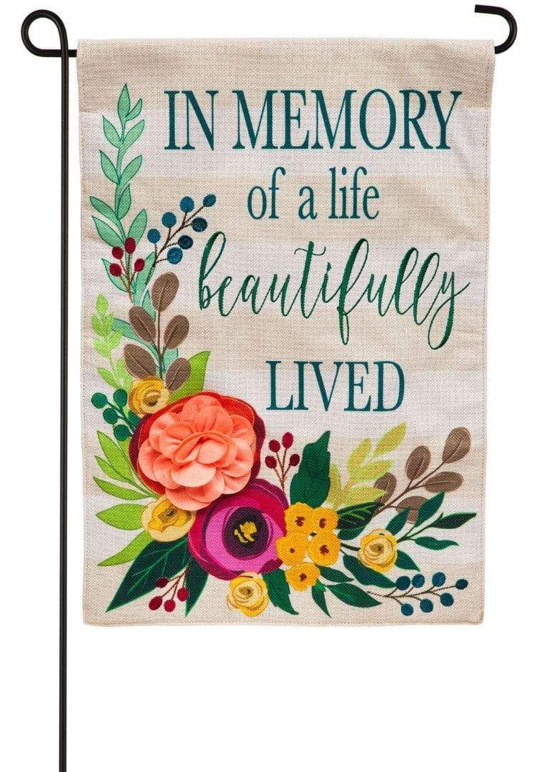 In Memory of a Life Beautifully Lived Garden Flag 2 Sided Burlap heartlandflags