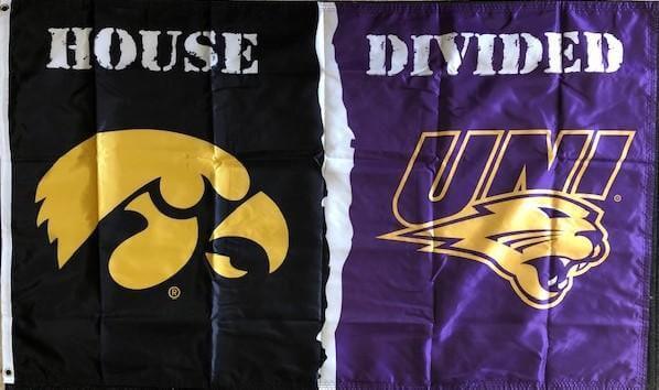 Iowa Hawkeyes vs UNI Panthers House Divided Flag 3x5 Rivalry 2 Sided heartlandflags