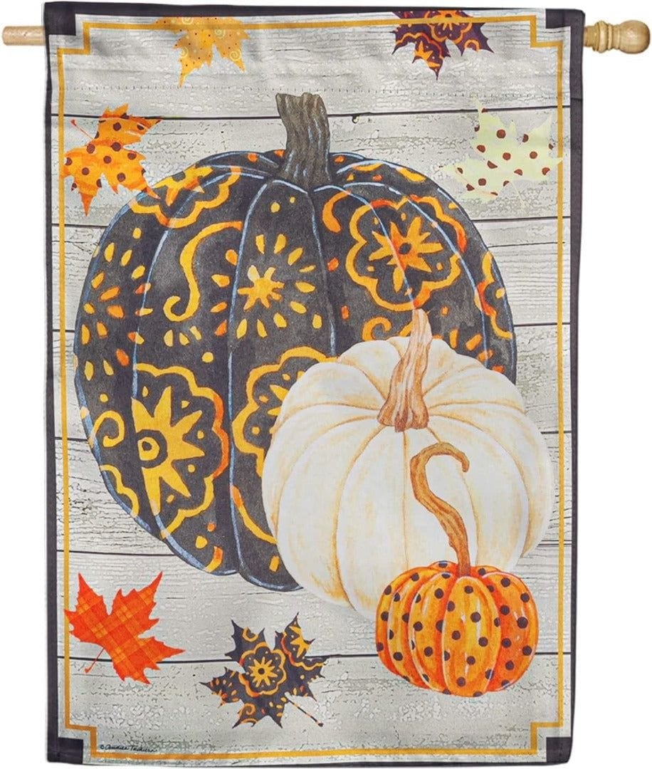 Patterned Pumpkin And Leaves Flag 2 Sided Decorative Banner heartlandflags
