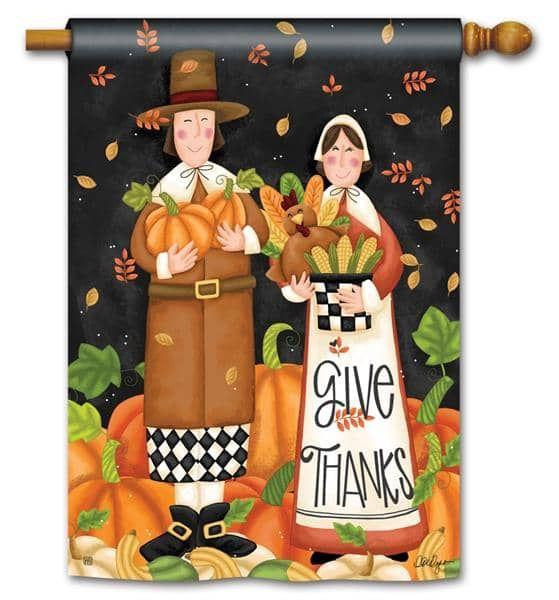 Pilgrim Thanksgiving Banner Give Thanks House Flag heartlandflags