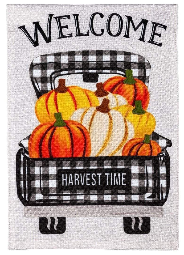 Pumpkin Plaid Truck Garden Flag 2 Sided Burlap heartlandflags