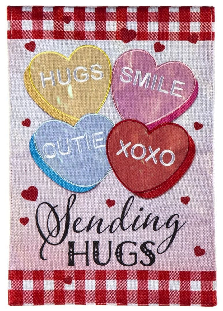 Sending Hugs Valentine Garden Flag 2 Sided Burlap heartlandflags