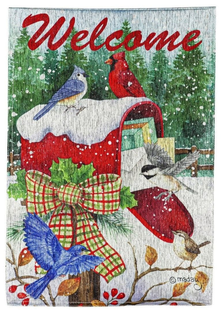 Snowy Mailbox Friends Garden Flag 2 Sided Glisten Winter heartlandflags