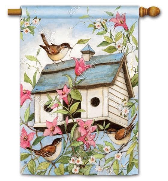 Spring Birdhouse With Clematis Flag Decorative Vertical Banner heartlandflags