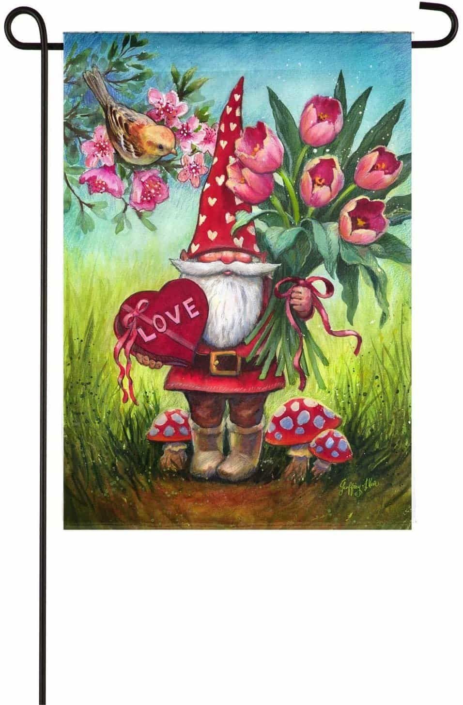 Valentine's Gnome Garden Flag 2 Sided Candy Roses heartlandflags