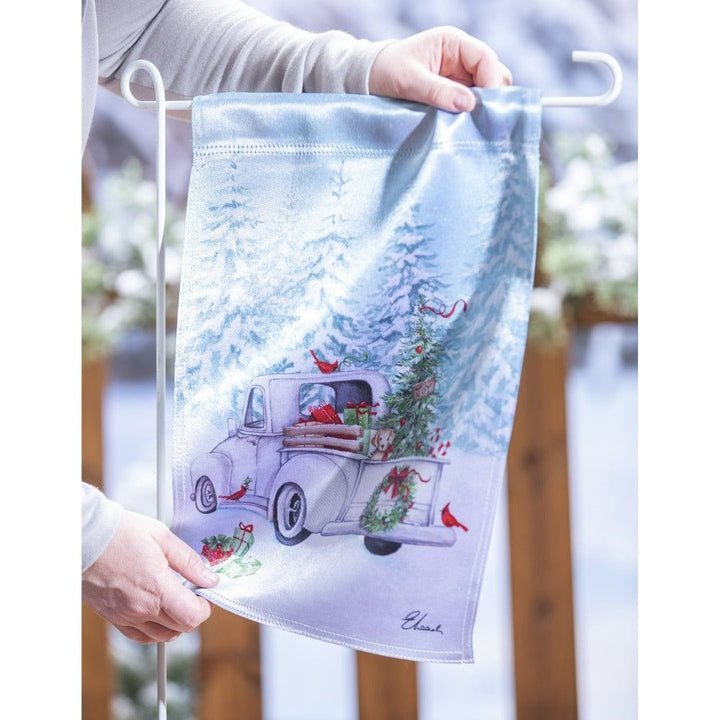 White Christmas Truck Garden Flag 2 Sided Lustre heartlandflags