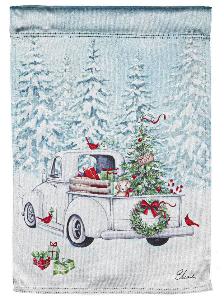 White Christmas Truck Garden Flag 2 Sided Lustre heartlandflags