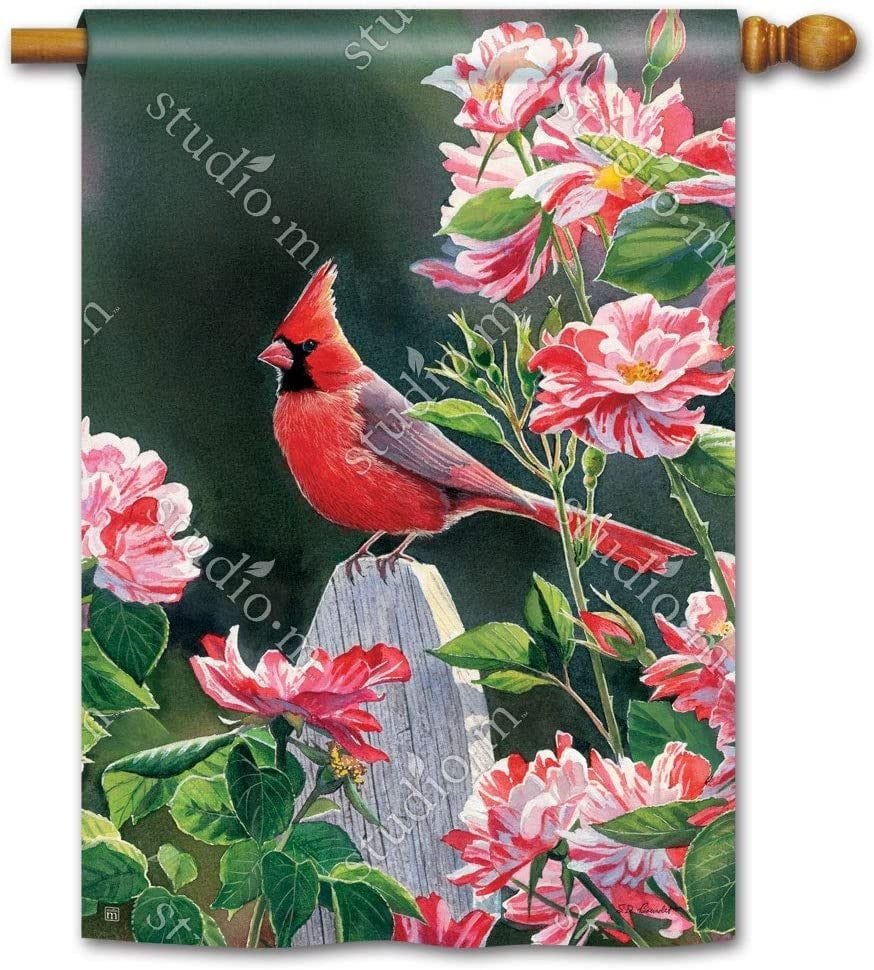 Cardinal With Variegated Roses Flag 2 Sided Decorative Banner 91634 Heartland Flags