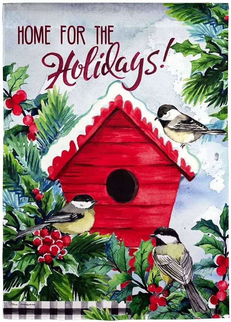 Christmas Chickadees Holiday Birdhouse Garden Flag 2 Sided Textured 14ES10061 Heartland Flags