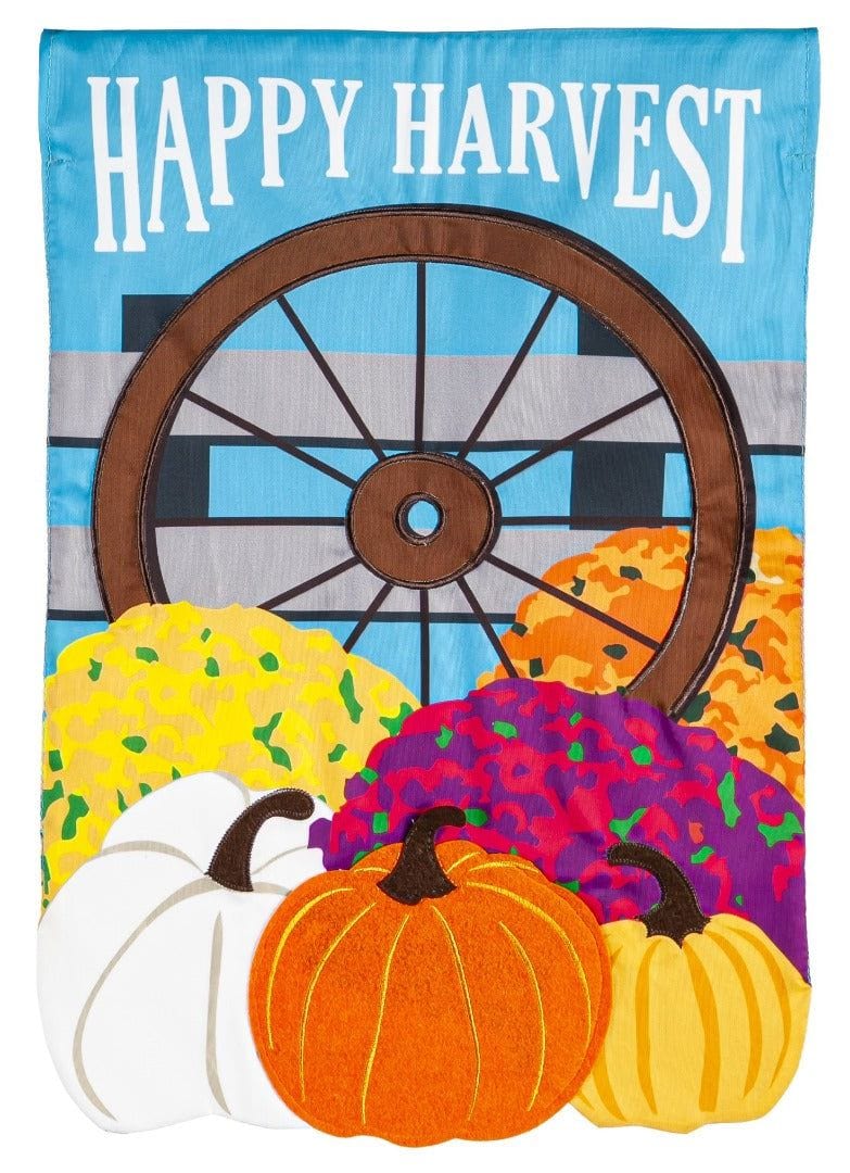 Happy Harvest Wagon Wheel Garden Flag 2 Sided Applique Pumpkins 169326 Heartland Flags
