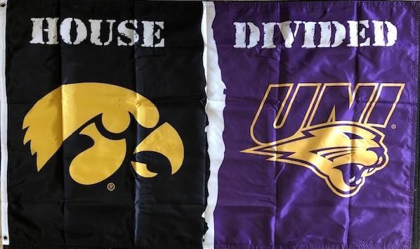Iowa Hawkeyes vs UNI Panthers House Divided Flag 3x5 Rivalry 2 Sided 441437 Heartland Flags