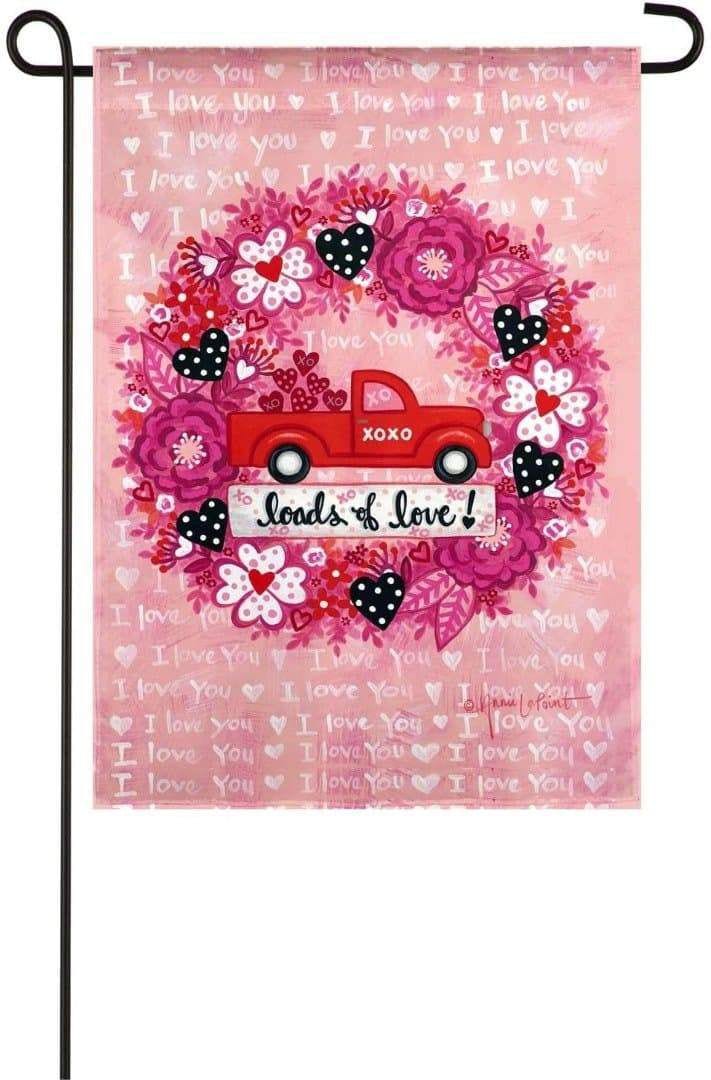 Loads of Love Truck Wreath Valentine Garden Flag 2 Sided 14S9604 Heartland Flags