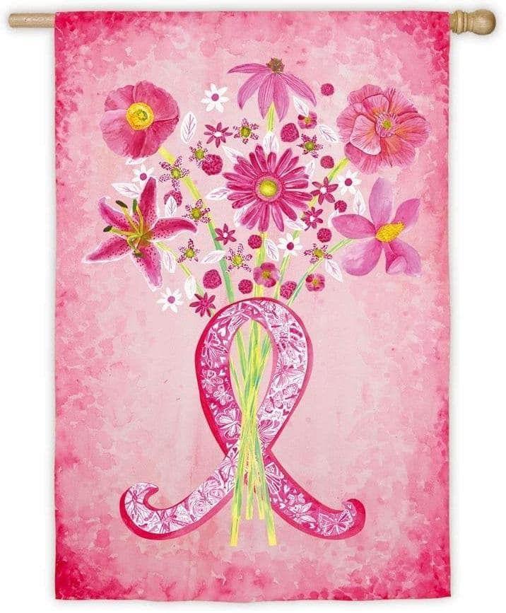 Pink Ribbon Breast Cancer Flowers House Flag Vertical 131936 Heartland Flags