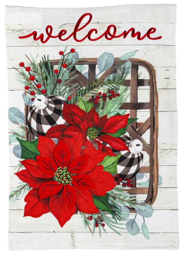 Poinsettia Tobacco Basket Christmas Garden Flag 2 Sided Burlap 14B10578 Heartland Flags