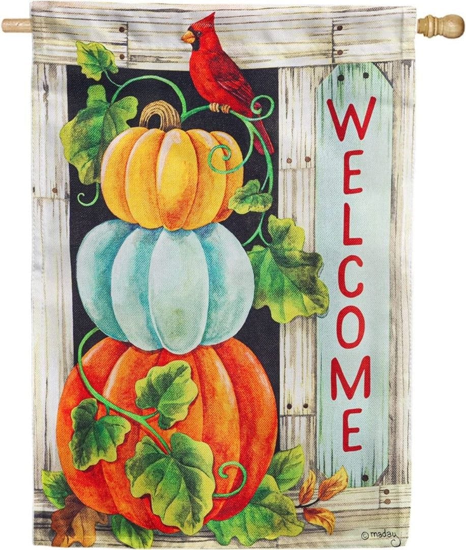 Pumpkin Stack Flag 2 Sided Textured Banner Welcome 13ES10439 Heartland Flags