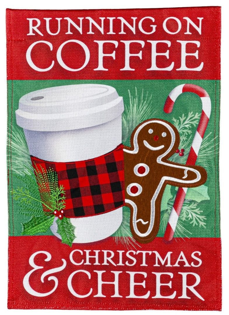 Running on Coffee And Cheer Christmas Garden Flag 2 Sided Burlap 14B10573 Heartland Flags