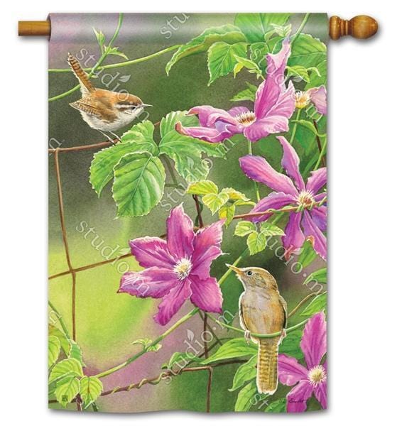 Wren with Purple Clematis Flag Vertical House Banner 91635 Heartland Flags